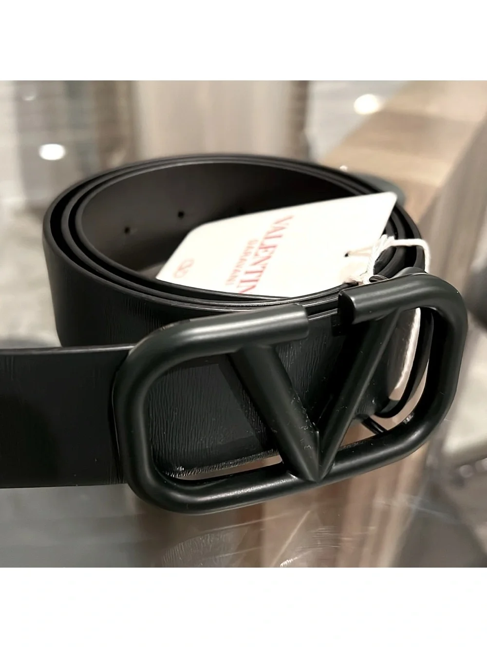 Valentino Garavani V-Logo Plaque Leather Belt in Olive Green, Size 90 New w/Tag